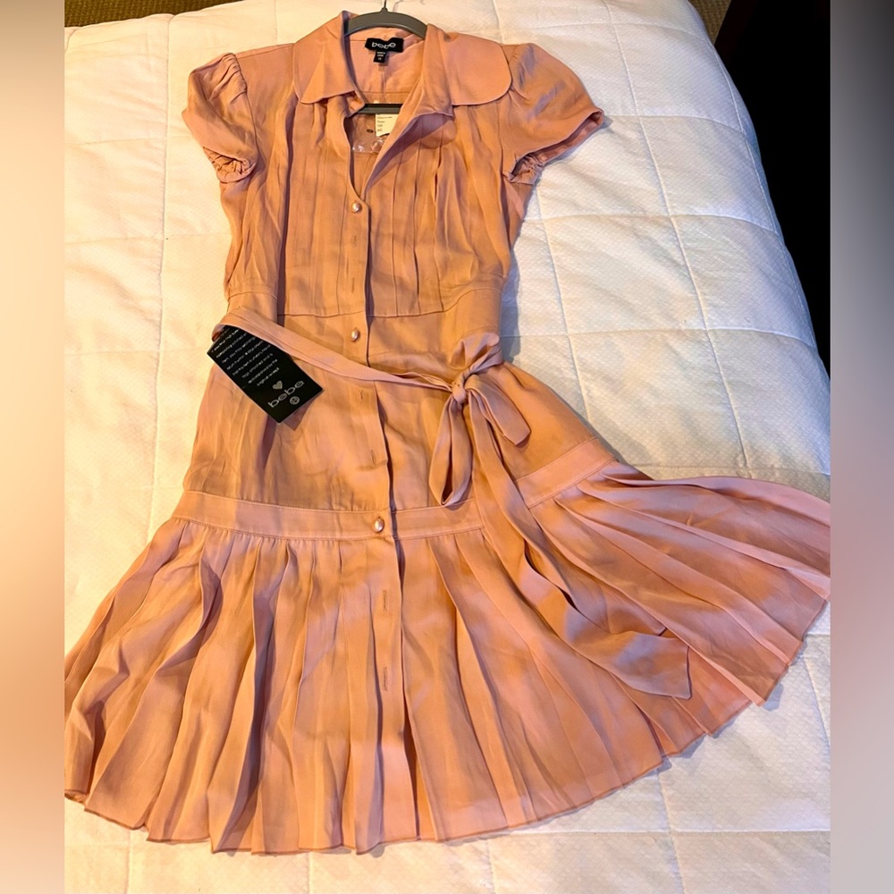 bebe Peach-Pink Pleated Shirt Dress